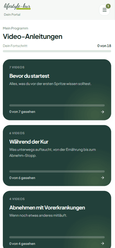 Die Video-Anleitungen im Portal am Telefon, mit Fortschrittsanzeige und den Kapiteln Bevor du startest, Während der Kur und Abnehmen mit Vorerkrankungen.